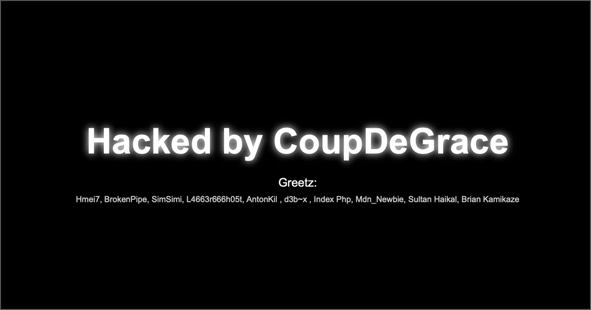 Hacked by CoupDeGrace defacement on the front page of a WordPress site, with a list of greetings to other groups