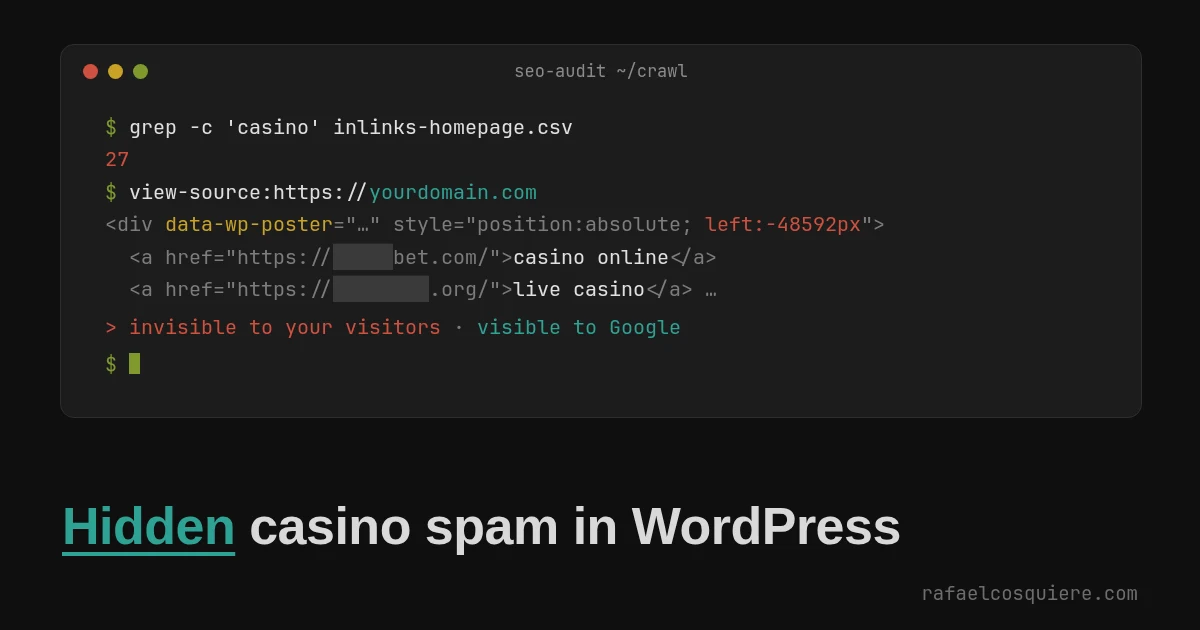 Source code of a WordPress homepage with a div pushed 48,592 pixels off-screen containing casino links