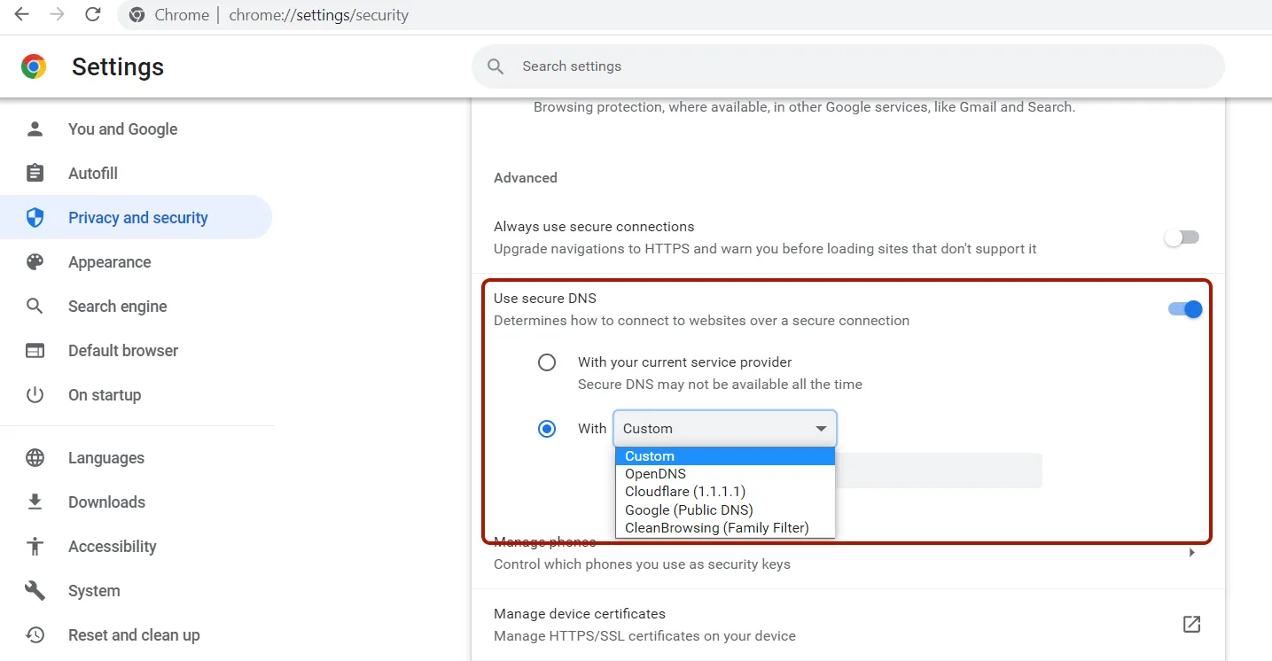Google Chrome Secure DNS