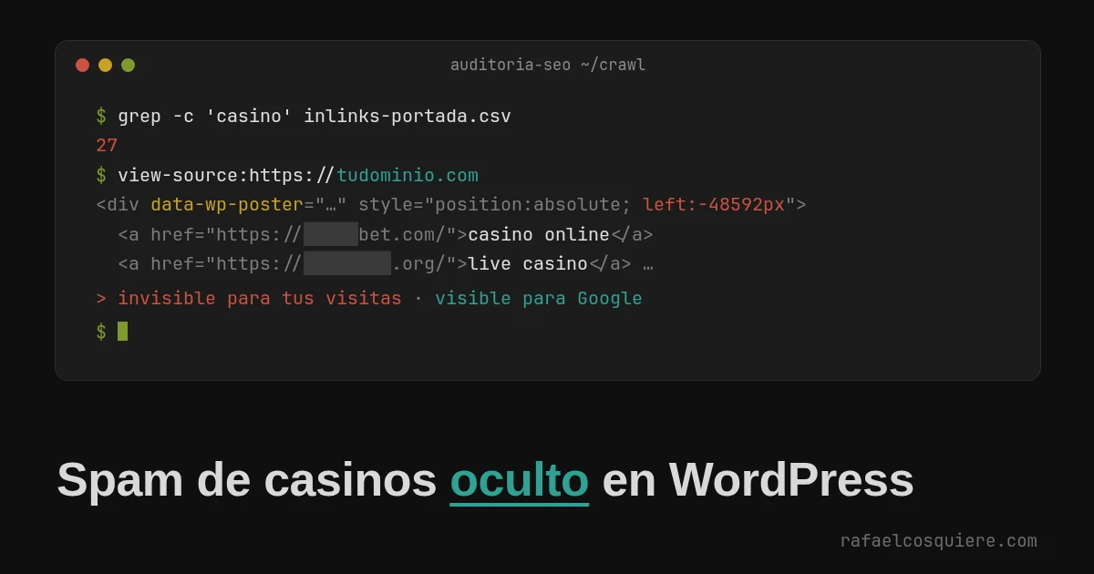 Código fuente de una portada de WordPress con un div desplazado 48.592 píxeles fuera de la pantalla que contiene enlaces a casinos